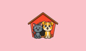 Happy cat and dog sitting together in front of a doghouse vector