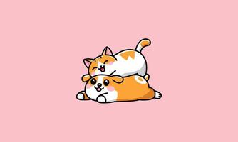Playful cat lying on top of a happy dog, both relaxing vector