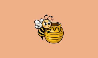 Cute bee hugging a honey jar with a heart symbol. vector