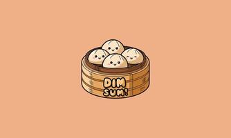 Cute dim sum in a bamboo steamer with smiling faces. vector