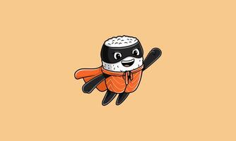 Superhero sushi character flying with a cape. vector
