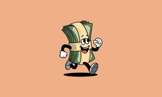 Cartoon stack of money running with a happy expression vector