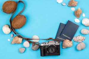 camera,coconuts, shells and documents on a blue background.Background for the traveler photo