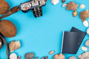 camera,coconuts, shells and documents on a blue background.Background for the traveler photo