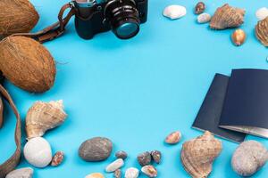 camera,coconuts, shells and documents on a blue background.Background for the traveler photo