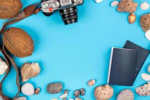 camera,coconuts, shells and documents on a blue background.Background for the traveler photo