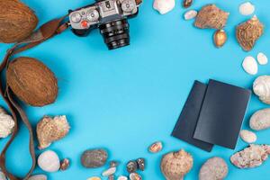 camera,coconuts, shells and documents on a blue background.Background for the traveler photo