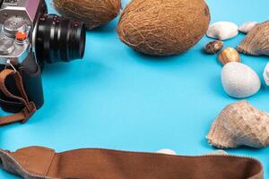 camera,coconuts and shells on a blue background.Background for the traveler photo