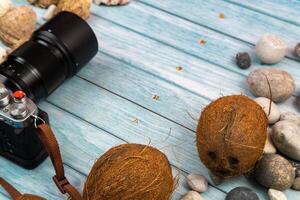 camera,coconuts and shells on a blue wooden background.Marine theme photo
