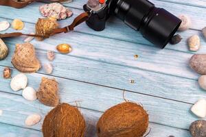 camera,coconuts and shells on a blue wooden background.Marine theme photo