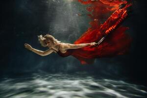 A girl in a red dress is floating under the water with a suitcase.Journey under the water of a single woman.The concept of underwater tourism photo