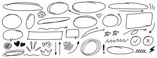 Set of pen line doodle element . Hand drawn doodle style collection of arrows, circle ,bubble chat and wavy collections. vector