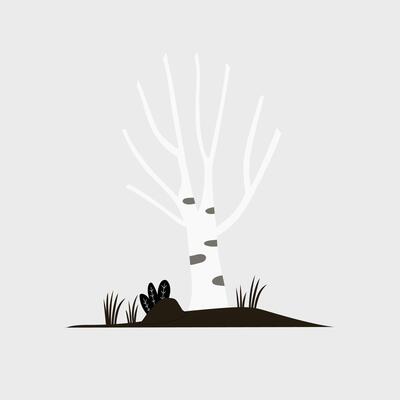 flat monochrome illustration of a forest with birch trees and plants