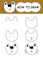 How to draw cat face cartoon step by step for learning, kid, education, coloring book vector