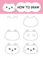How to draw cat face cartoon step by step for learning, kid, education, coloring book vector