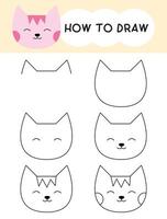 How to draw cat face cartoon step by step for learning, kid, education, coloring book vector