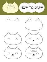 How to draw cat face cartoon step by step for learning, kid, education, coloring book vector