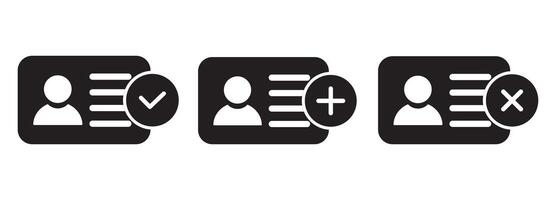 ID Card with Circle tick approved icon set in black and white feel style. Driver's license Identification card icon symbol, icon illustration on white background. vector