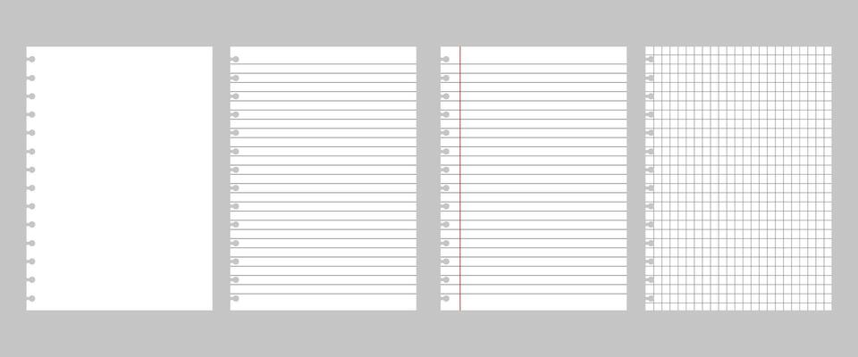 Realistic workbook torn paper sheets. Mockup sheets of paper torn from a notebook. Blank gridded notebook.