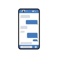 Realistic smartphone with messaging app. Conversation chat screen with blue message bubbles. Blank SMS text frame. Social media application. vector