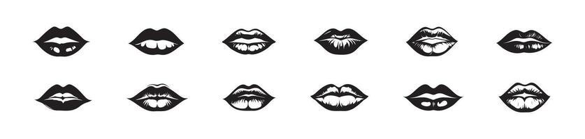 Set of black silhouette lips isolated on a white background. Concept of lip illustrations, mouth expressions, minimalist style, cute lips. Print, icon, design elements vector