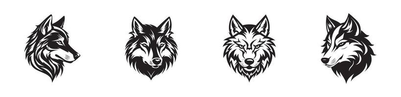 Set of wolf head illustrations in black and white isolated on white background. Concept of wild animals, predator faces, monochrome design, tribal style. Print, icon, design elements vector