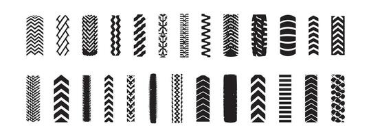 Collection of Black Tire Tracks on White Background. Concept of Automotive Icon, Vehicle Prints, Track Marks, Wheel Patterns. Design Element, Illustration Set vector
