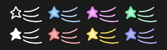 Set of shooting star icons featuring colored illustrations, white silhouette, and white outline, isolated on black background. Concept of success, aspiration, abstract cosmic element. Design elements. vector