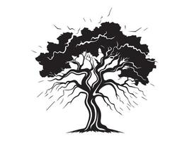 Black silhouette of a tree with twisted branches isolated on white background. Nature illustration, minimalist art, natural beauty, tree design. Print, icon, design element vector