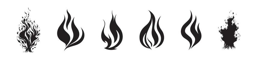 Black Silhouette Flame Illustrations Isolated on White Background. Concept of Fire Design, Elemental Art, Abstract Blaze, Minimalist Decoration. Print, Icon, Design Element. Set vector