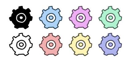 Set of gear icons featuring colored illustrations, black silhouette, and black outline, isolated on a white background. Concept of mechanics, engineering, and process. Design elements. vector