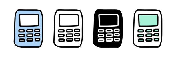 Set of calculator icons featuring colored illustrations, black silhouette, and black outline, isolated on a white background. Concept of mathematics, calculation, and finance. Design elements. vector