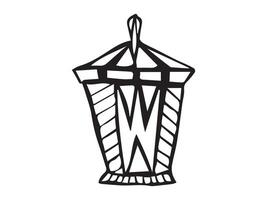 Black outline of decorative lantern isolated on a white background. Concept of vintage lighting, minimalist style, classic decor, illumination, street lantern, light, design element vector