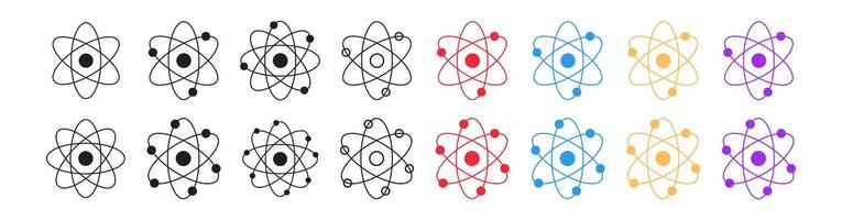 Set of atom icons with colored versions, black silhouettes, black outlined atoms with orbiting electrons, isolated on white background. Concept of science, physics, atomic structure. Design elements. vector