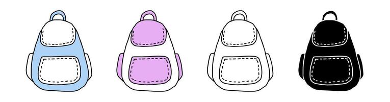 Set of backpacks featuring colored illustrations, black silhouette, and black outline versions. Isolated on white background. Concept of school accessories, travel, education. Design elements. vector