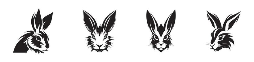 Black Silhouettes of Rabbit Heads Isolated on White Background. Concept of Animal Illustration, Rabbit Icons, Minimalist Style, Bunny Graphic. Print, Design Element vector