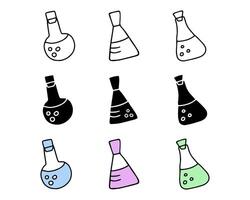 Set of laboratory flask icons with colored versions, black silhouettes, black outlined flasks with liquid, isolated on white background. Concept of science, chemistry, lab equipment. Design elements. vector