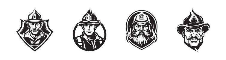 Black and white firefighter emblems isolated on a white background. Concept of fireman illustrations, rescue heroes, safety, emergency response. Print, icon, design elements. Set vector