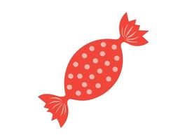 Red wrapped candy flat illustration with polka dot pattern isolated on a white background. Concept of sweet treat, colorful confectionery, simple design, candy wrapper. Icon, print design element vector