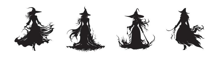 Black silhouette of witches in flowing robes isolated on a white background. Concept of magic, Halloween, mystical figures, witchcraft. Print, icon, design element. Set vector