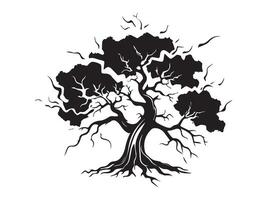 Black silhouette of an ancient tree isolated on a white background. Concept of nature illustration, majestic tree, minimalist art, old growth tree. Print, icon, design element vector