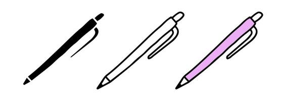 Set of pen icons featuring colored illustration, black silhouette, and black outline, isolated on a white background. Concept of writing, stationery, office supplies, and design. Design elements. vector