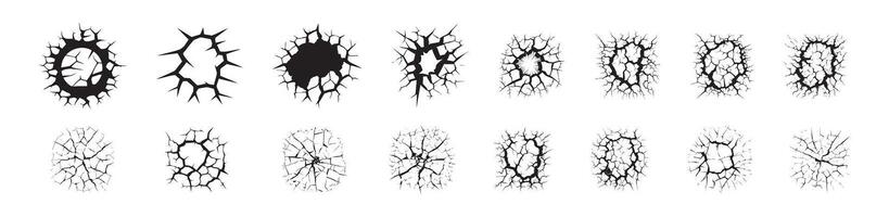 Black Silhouettes of Cracks Isolated on White Background. Concept of Fracture, Damage, Broken Surface, Abstract Shapes. Print, Icon, Design Elements vector