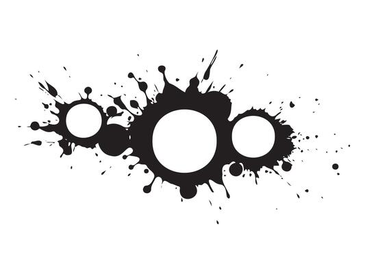 Black ink splatters with circle shapes isolated on a white background. Concept of abstract art, paint splashes, graphic design, contemporary illustration. Print, icon, design element