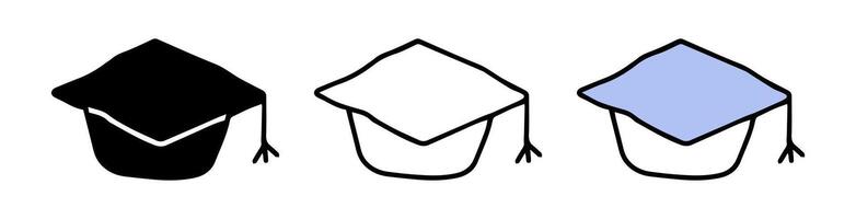 Set of graduation cap icons featuring colored illustration, black silhouette, and black outline, isolated on a white background. Concept of education, achievement, academic success. Design elements vector