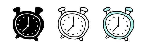 Hand-drawn Set of alarm clock icons featuring colored illustration, black silhouette, and black outline, isolated on a white background. Concept of time, punctuality, daily routine. Design elements. vector
