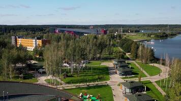 Top view of the green recreation Park and water Park in Zhdanovichi as well as the ring road in Minsk.Belarus. photo