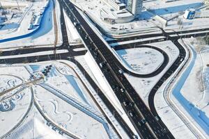 Top view of the Winter Independence Avenue in Minsk.View of the intersection of roads in Minsk. Belarus. photo