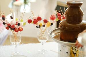 Fondue with a chocolate fountain and sweets for it.Sweet theme photo