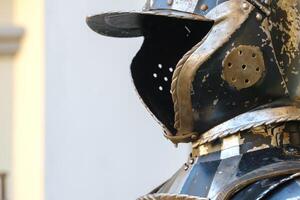 An ancient Knight's helmet with armor.A medieval concept photo